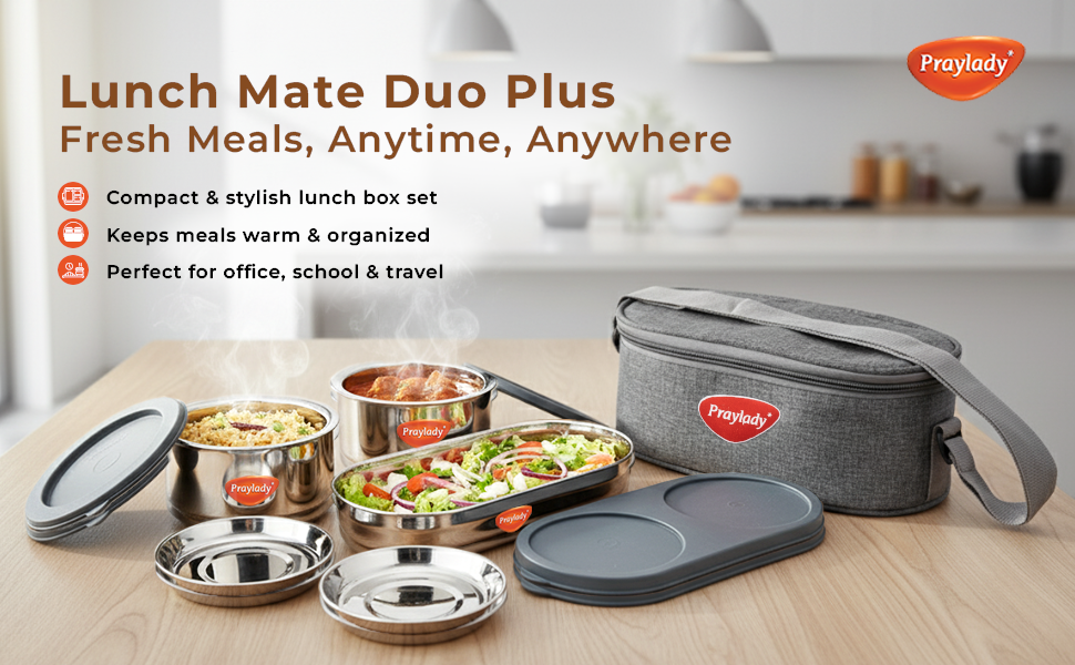 Lunch Mate Duo + | Insulated Lunch Box Set with 2 S.S 300ml Containers & 1 Chapati Box (475ml)
