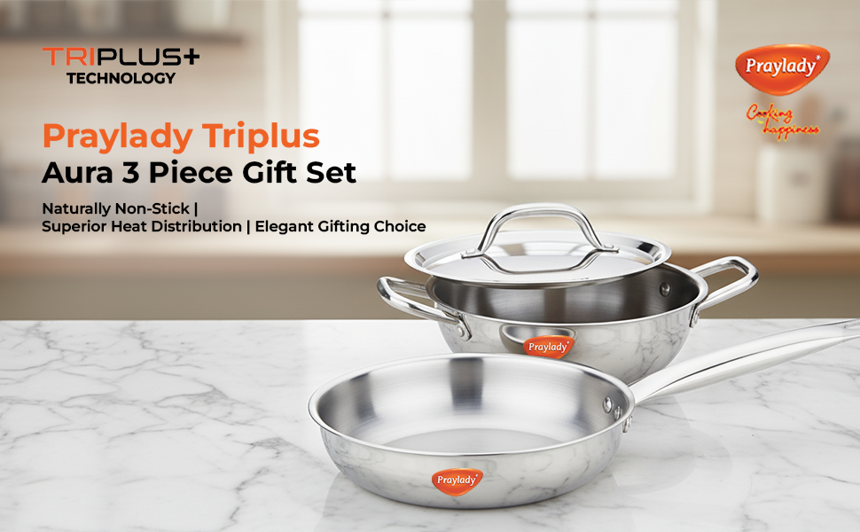 Triplus Aura 3-Piece Tri-Ply Stainless Steel Cookware Gift Set – 20cm Kadai, 20cm-1.7ltr | Frying Pan with Common Lid | Naturally Non-Stick, Superior Heat Distribution, Elegant Gift Choice