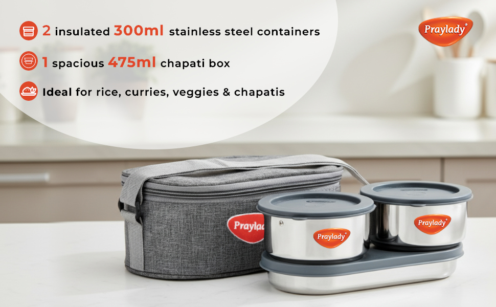 Lunch Mate Duo + | Insulated Lunch Box Set with 2 S.S 300ml Containers & 1 Chapati Box (475ml)