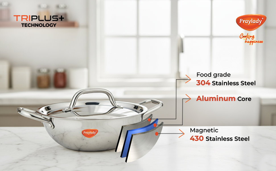 Triplus Aura 3-Piece Tri-Ply Stainless Steel Cookware Gift Set – 20cm Kadai, 20cm-1.7ltr | Frying Pan with Common Lid | Naturally Non-Stick, Superior Heat Distribution, Elegant Gift Choice