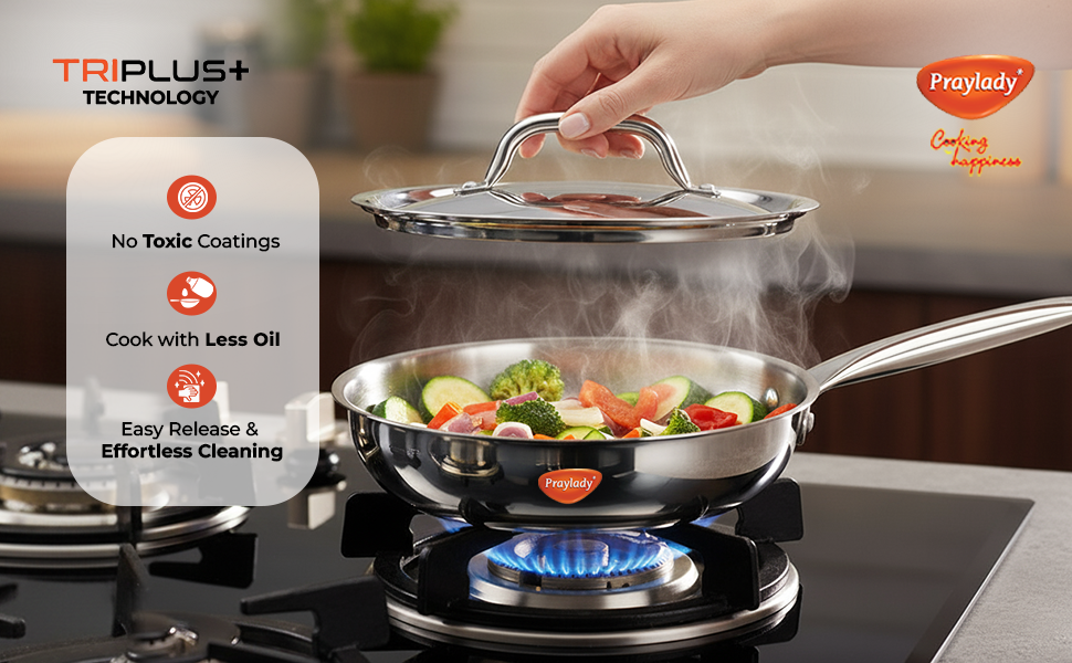 Triplus Aura 3-Piece Tri-Ply Stainless Steel Cookware Gift Set – 20cm Kadai, 20cm-1.7ltr | Frying Pan with Common Lid | Naturally Non-Stick, Superior Heat Distribution, Elegant Gift Choice