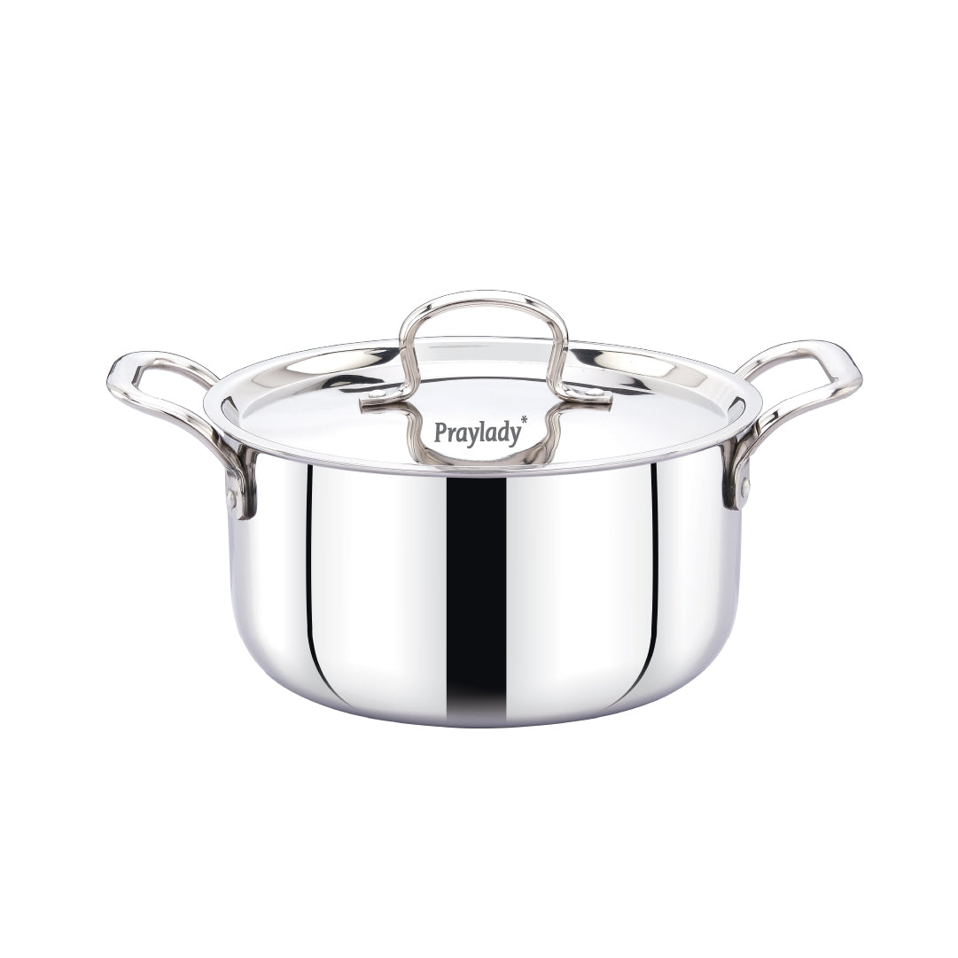 "Praylady TRIPLUS+ Triply Stockpot with Lid – 28 cm / 9.2 L | Heavy Triply Body for Big Meals | Induction & Gas Safe | Dishwasher Friendly Multi-Purpose Casserole and Biryani Pot | Strong Handles | 5 Year Warranty | Silver Look"