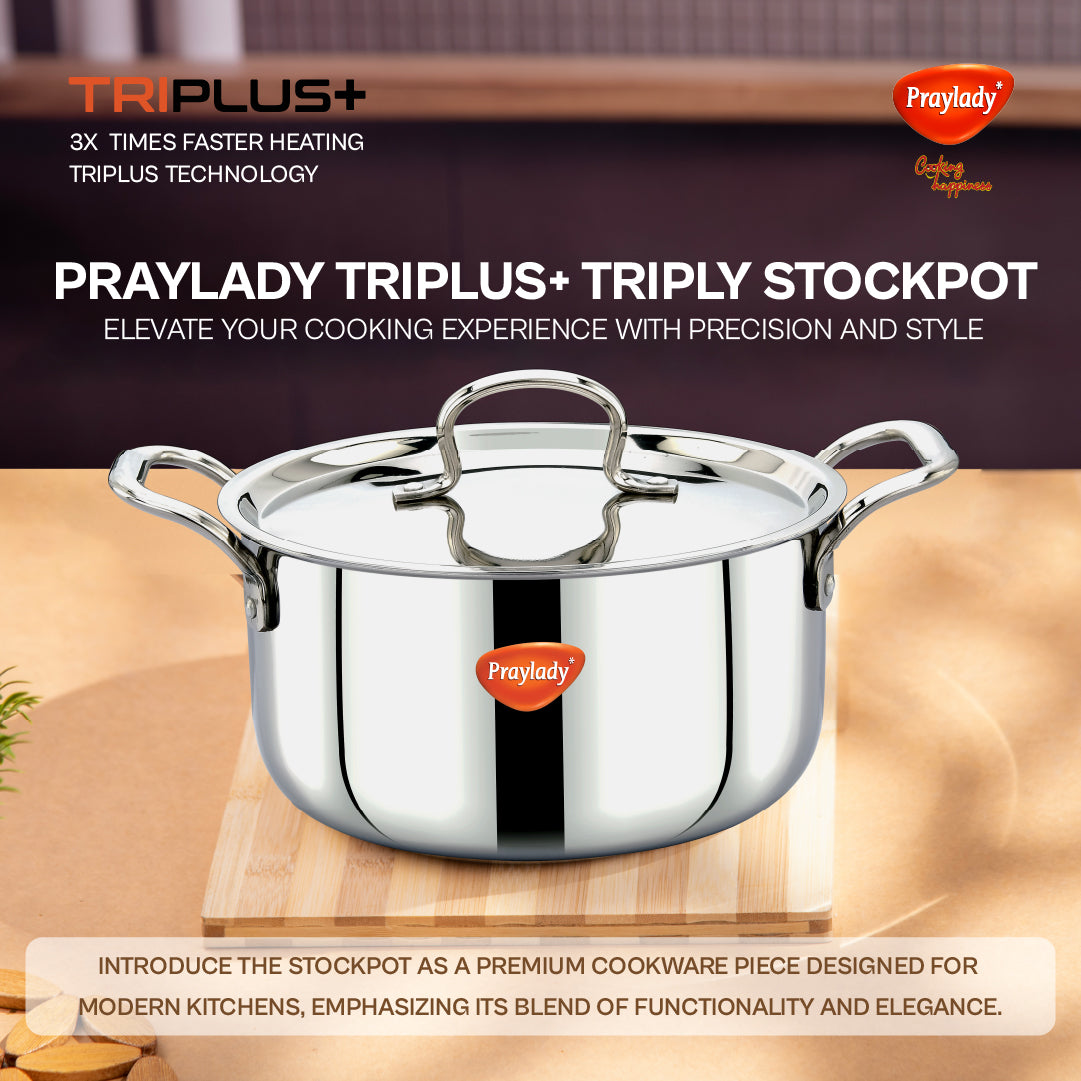 "Praylady TRIPLUS+ Triply Stockpot with Lid – 28 cm / 9.2 L | Heavy Triply Body for Big Meals | Induction & Gas Safe | Dishwasher Friendly Multi-Purpose Casserole and Biryani Pot | Strong Handles | 5 Year Warranty | Silver Look"