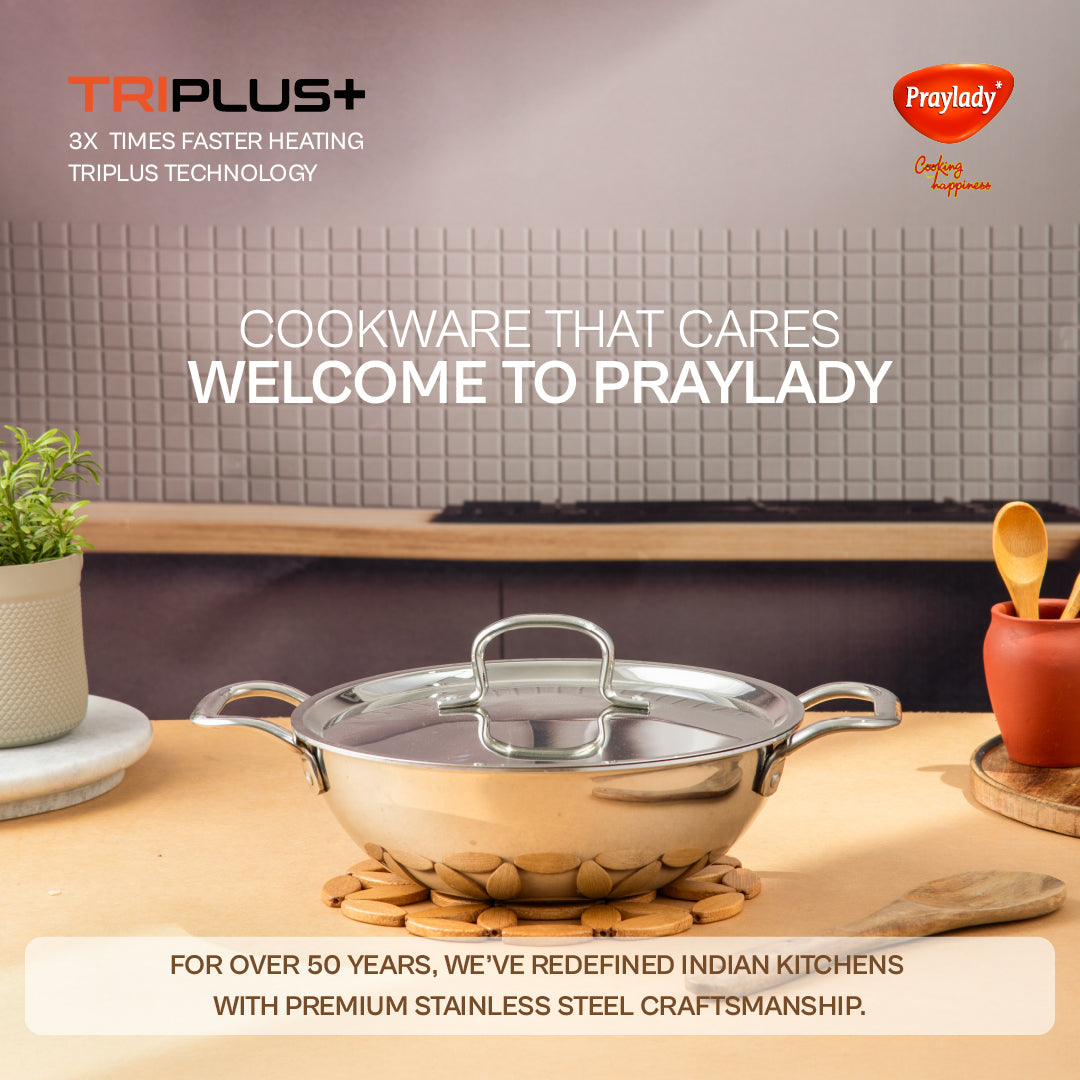 Praylady Tri Plus Triply Kadai with Lid | Stainless Steel Kadai for Daily Cooking | Induction & Gas Compatible | Healthy Cooking | Even Heat Distribution