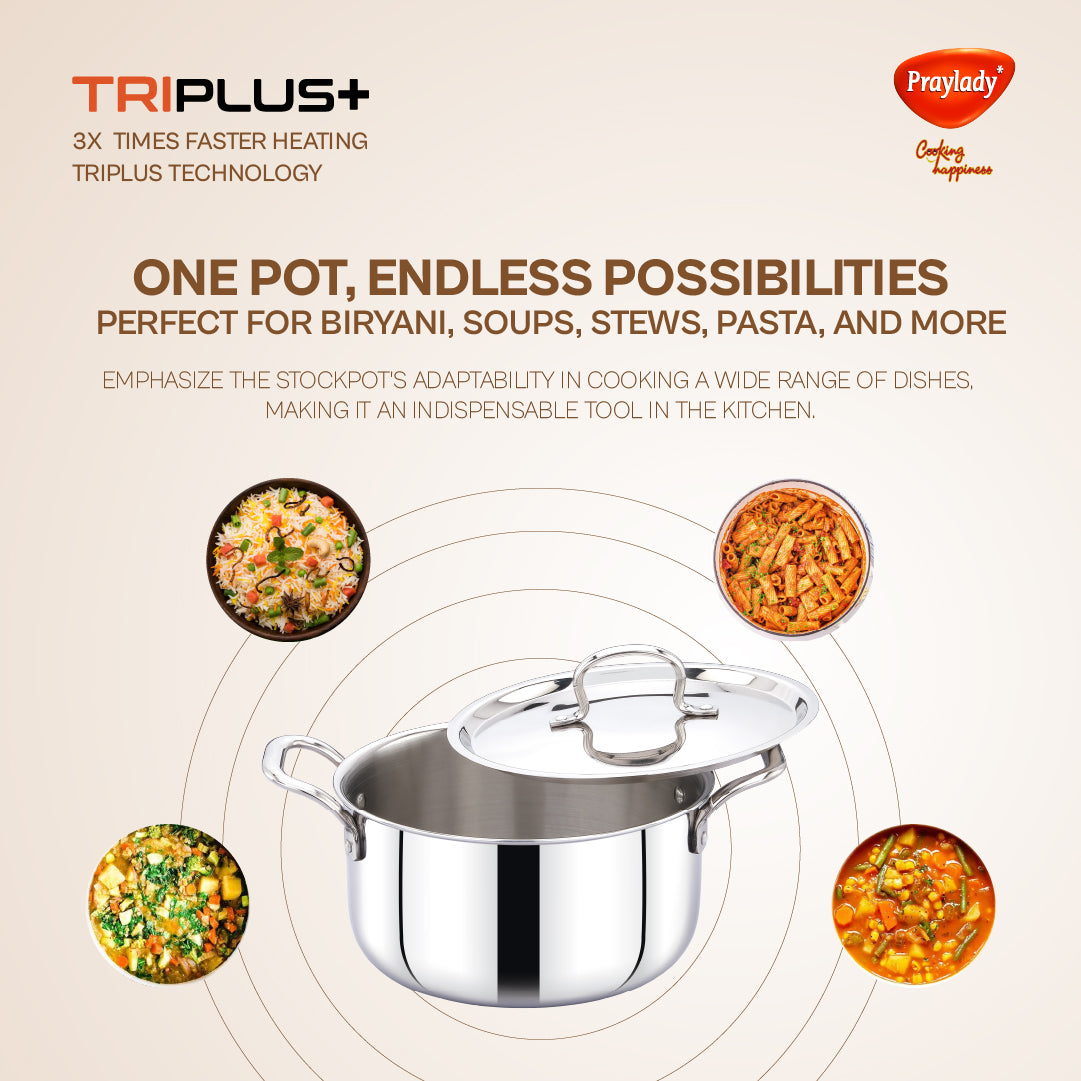 "Praylady TRIPLUS+ Triply Stockpot with Lid – 28 cm / 9.2 L | Heavy Triply Body for Big Meals | Induction & Gas Safe | Dishwasher Friendly Multi-Purpose Casserole and Biryani Pot | Strong Handles | 5 Year Warranty | Silver Look"