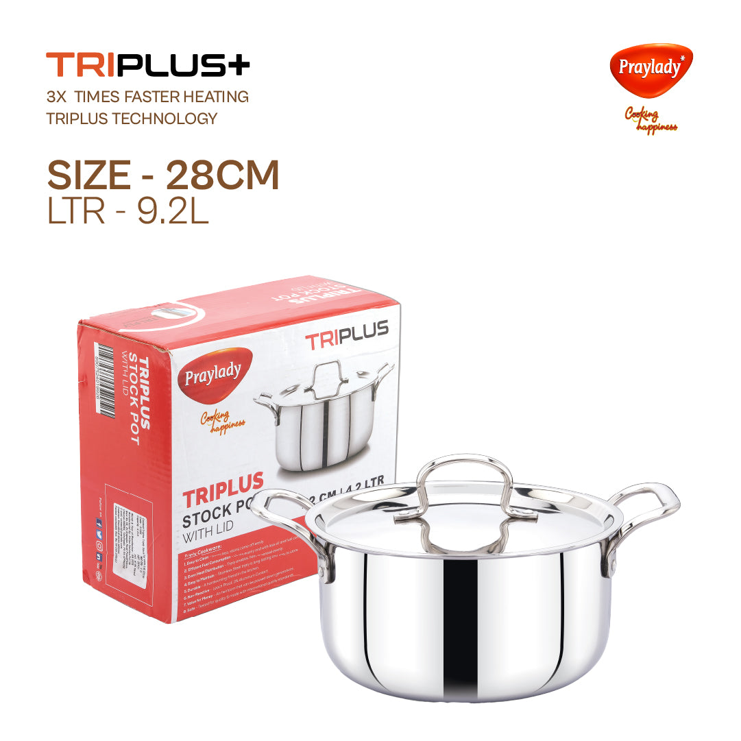 "Praylady TRIPLUS+ Triply Stockpot with Lid – 28 cm / 9.2 L | Heavy Triply Body for Big Meals | Induction & Gas Safe | Dishwasher Friendly Multi-Purpose Casserole and Biryani Pot | Strong Handles | 5 Year Warranty | Silver Look"