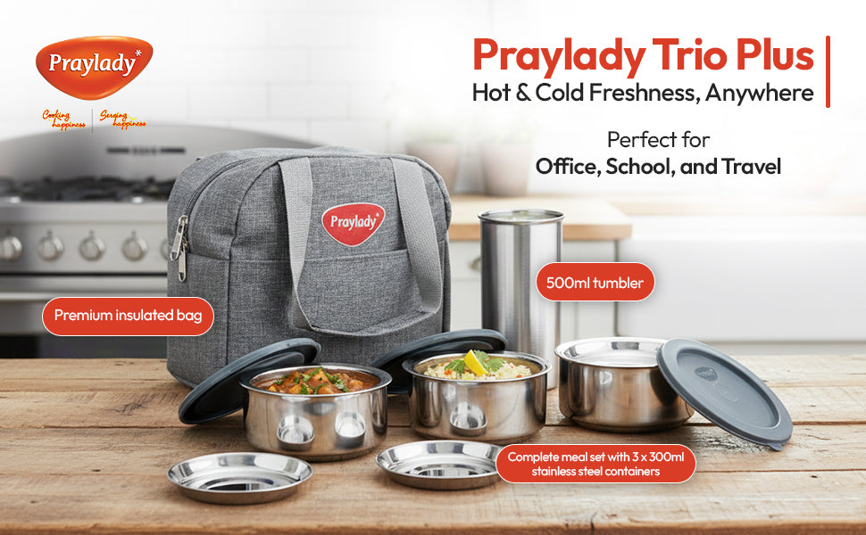 Lunch Mate Trio + | Insulated Lunch Box Set with 3 × 300 ml Steel Containers & 500 ml Tumbler