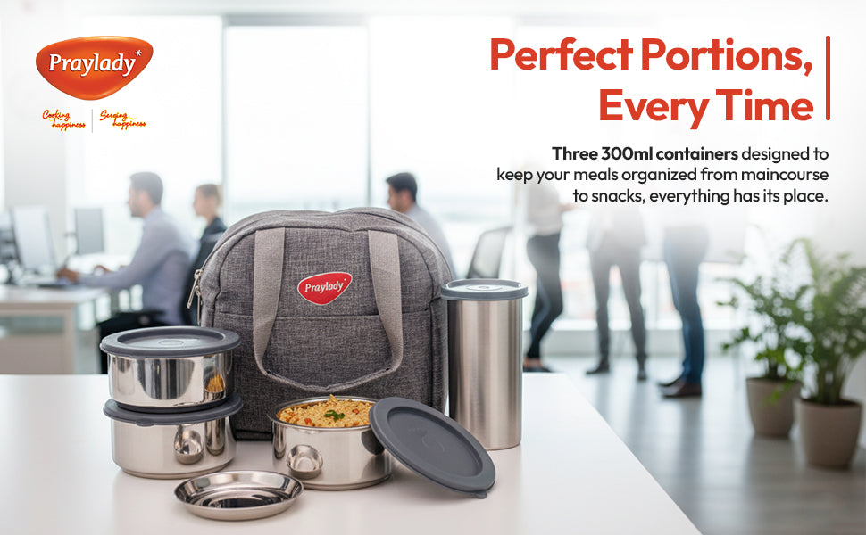 Lunch Mate Trio + | Insulated Lunch Box Set with 3 × 300 ml Steel Containers & 500 ml Tumbler