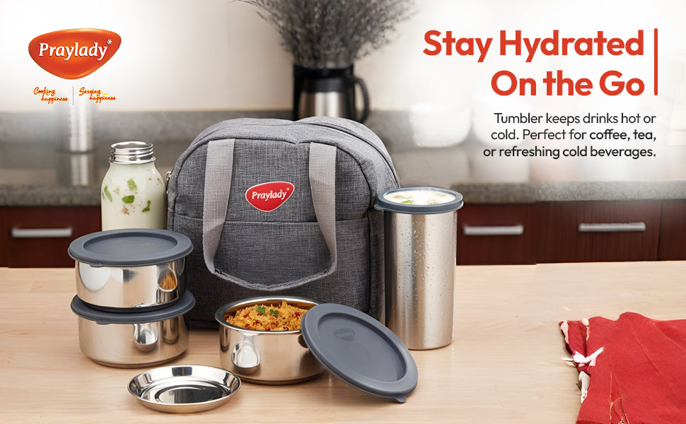 Lunch Mate Trio + | Insulated Lunch Box Set with 3 × 300 ml Steel Containers & 500 ml Tumbler