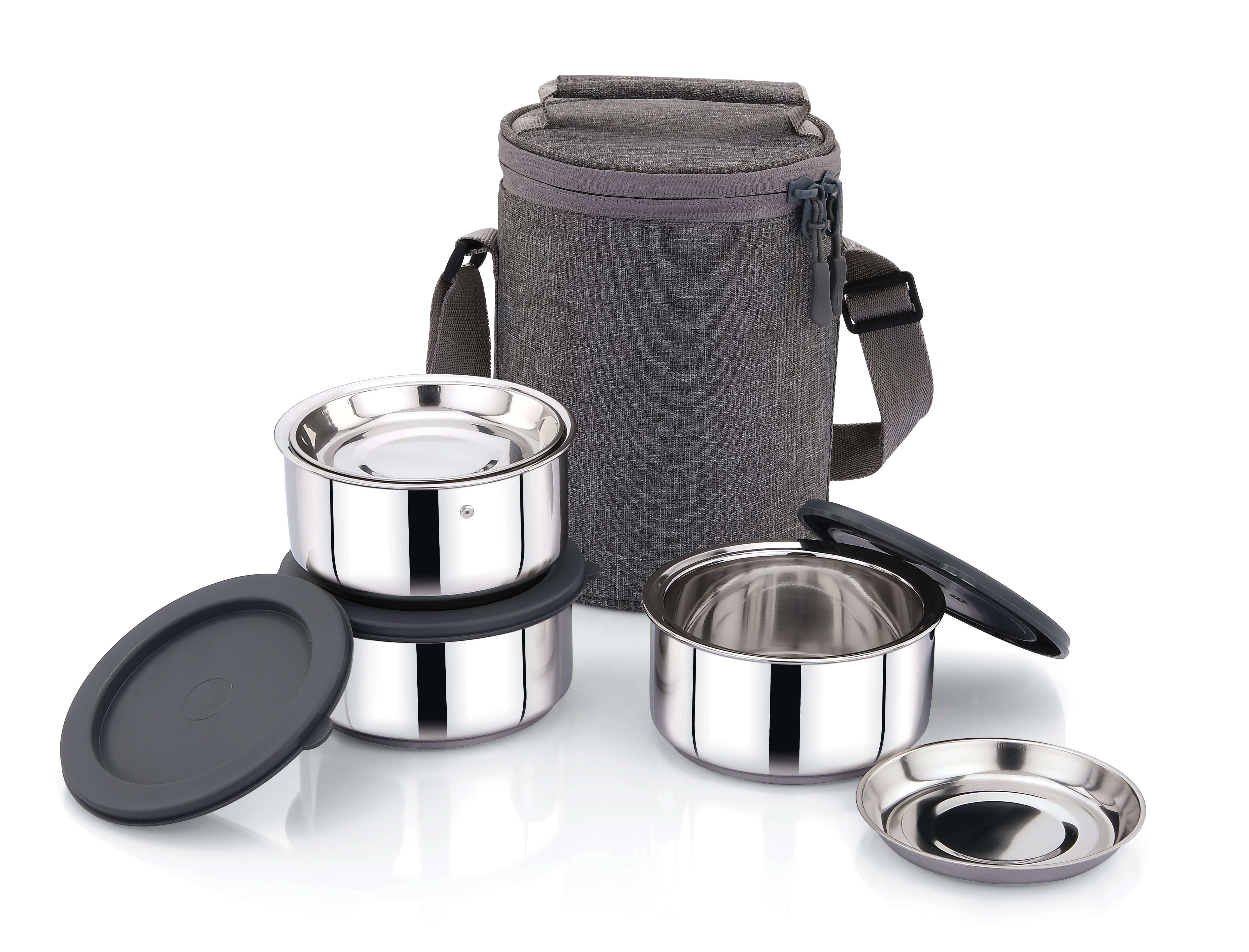 Praylady Lunchmate 300x3 | Stainless Steel 3-Container Insulated Tiffin with Leak-Proof Silicone Lids & Heat-Retaining Bag | Hot & Cold Lunch Box for Office, School & Travel