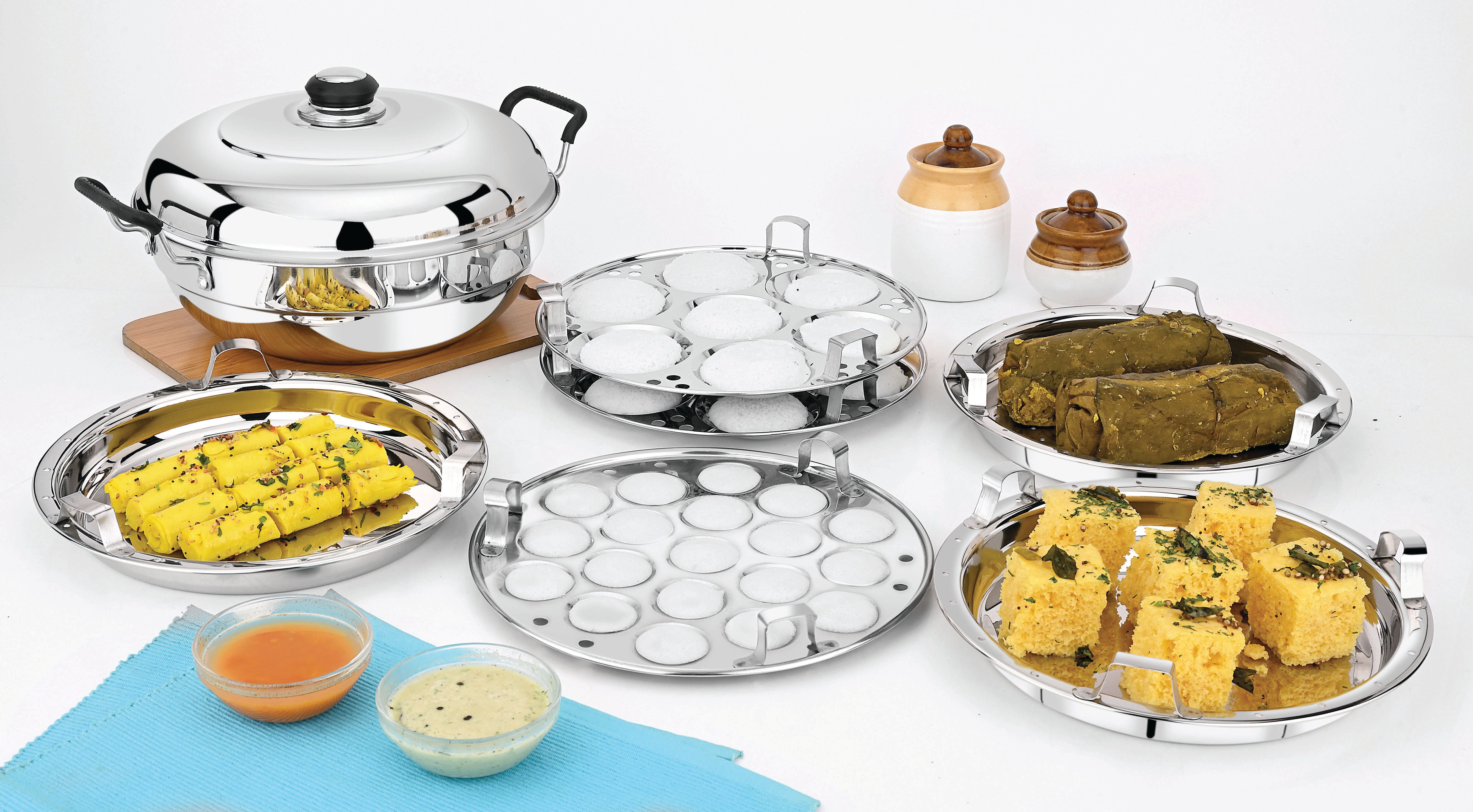 Praylady 6-Plate Stainless Steel Multi Kadai | Idli, Dhokla & Steamer Cookware for Gas & Induction