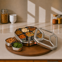Praylady Emerald Dry Fruit Box & Masala Box | 25 CM | Food-Grade Stainless Steel | 9 Compartments for Nuts & Spices