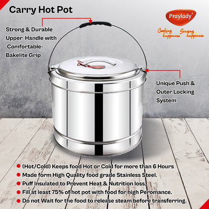 Praylady Regular Hot Pot 5000 ML, Stainless Steel Insulated, Hot Pot, Roti Container, Casserole, 100% Stainless Steel, Heat Durability, Lightweight, Unique Locking System