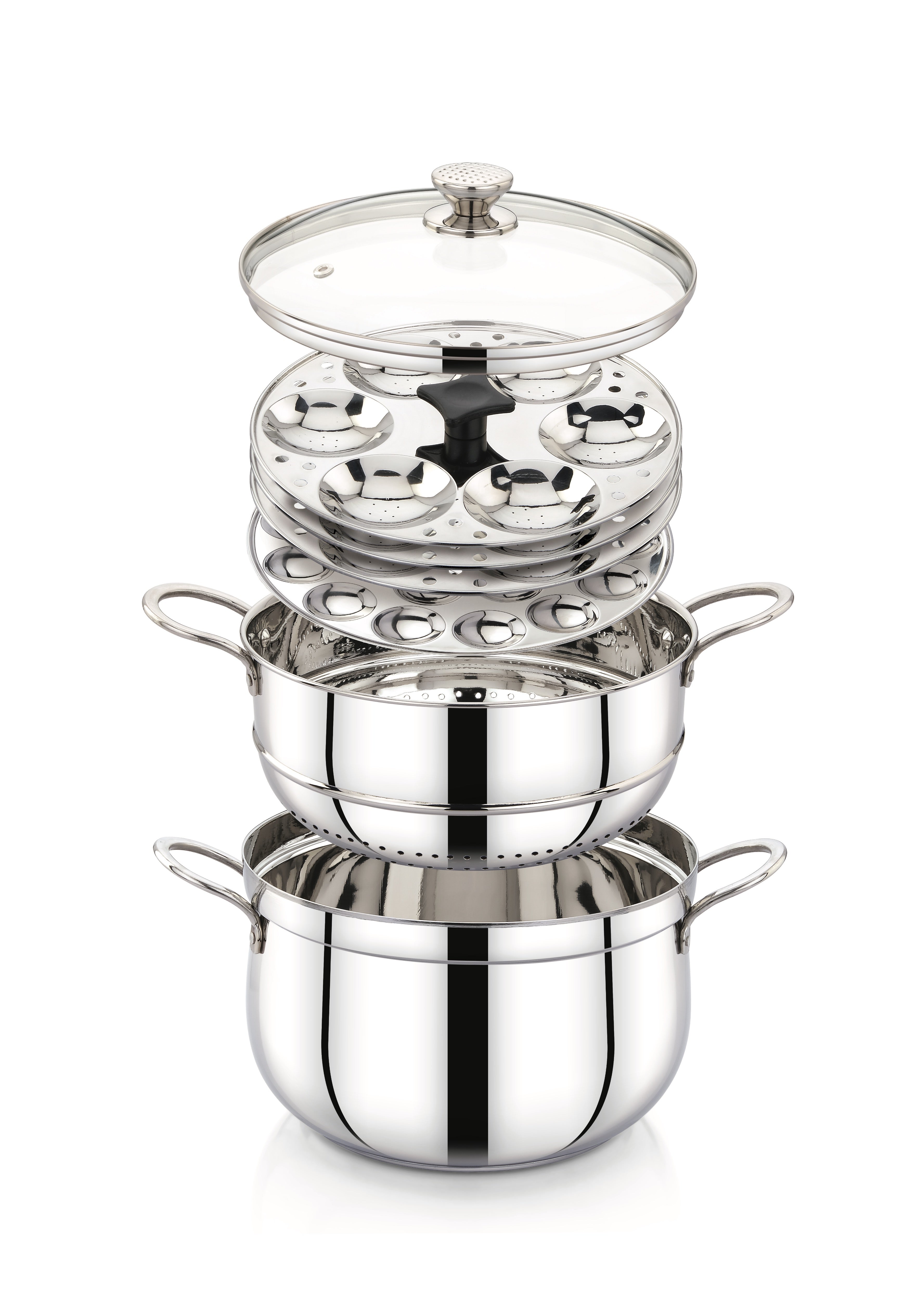 One Pot Wonder – 3-in-1 Belly Shape Biryani Pot, Steamer & Idli Pot (304 Grade Stainless Steel, 6 Litres, 38 Cavities – 3 Idly Plates with 6 Pits Each + 1 Mini Idly Plate with 20 Pits)