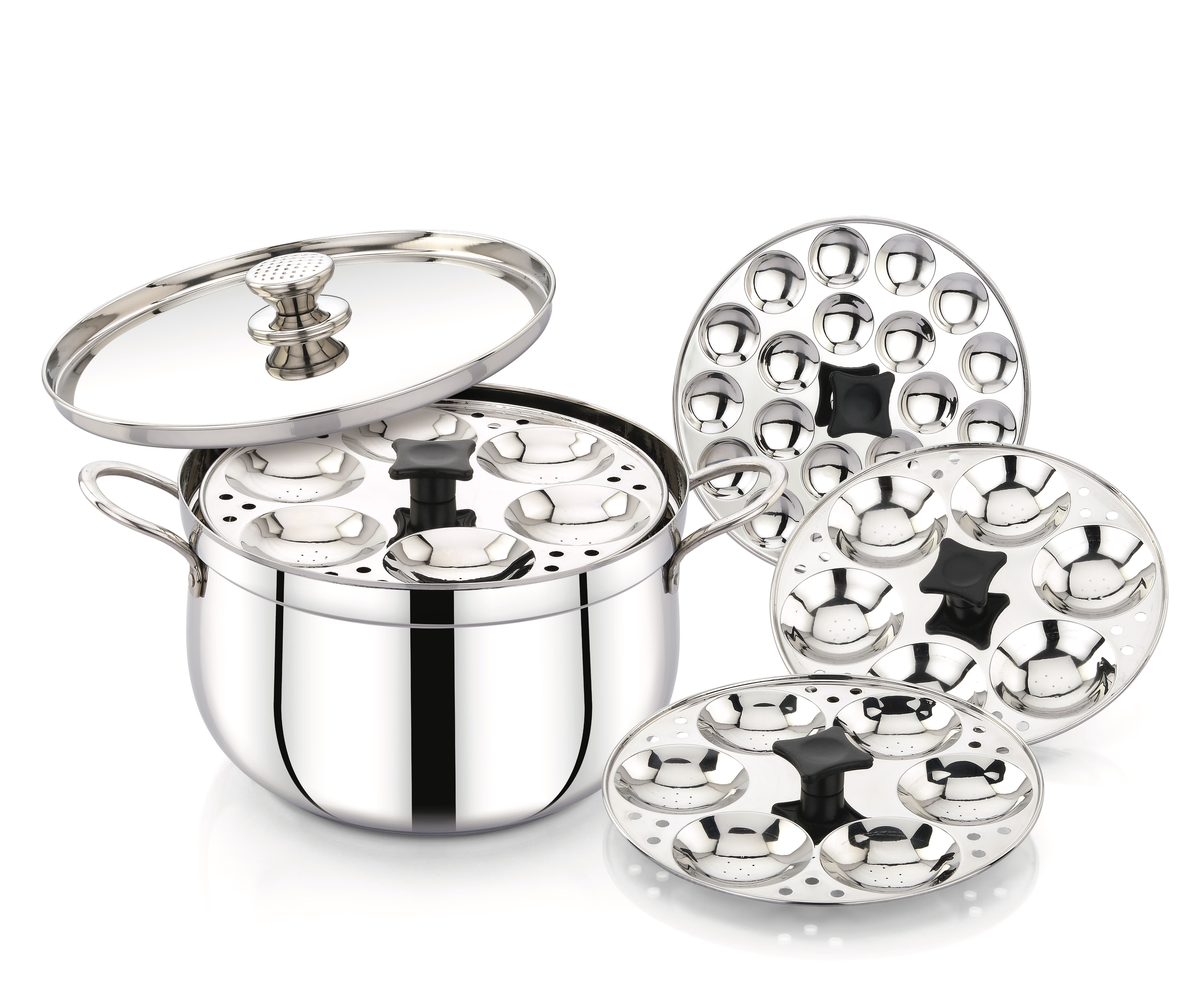 One Pot Wonder – 3-in-1 Belly Shape Biryani Pot, Steamer & Idli Pot (304 Grade Stainless Steel, 6 Litres, 38 Cavities – 3 Idly Plates with 6 Pits Each + 1 Mini Idly Plate with 20 Pits)