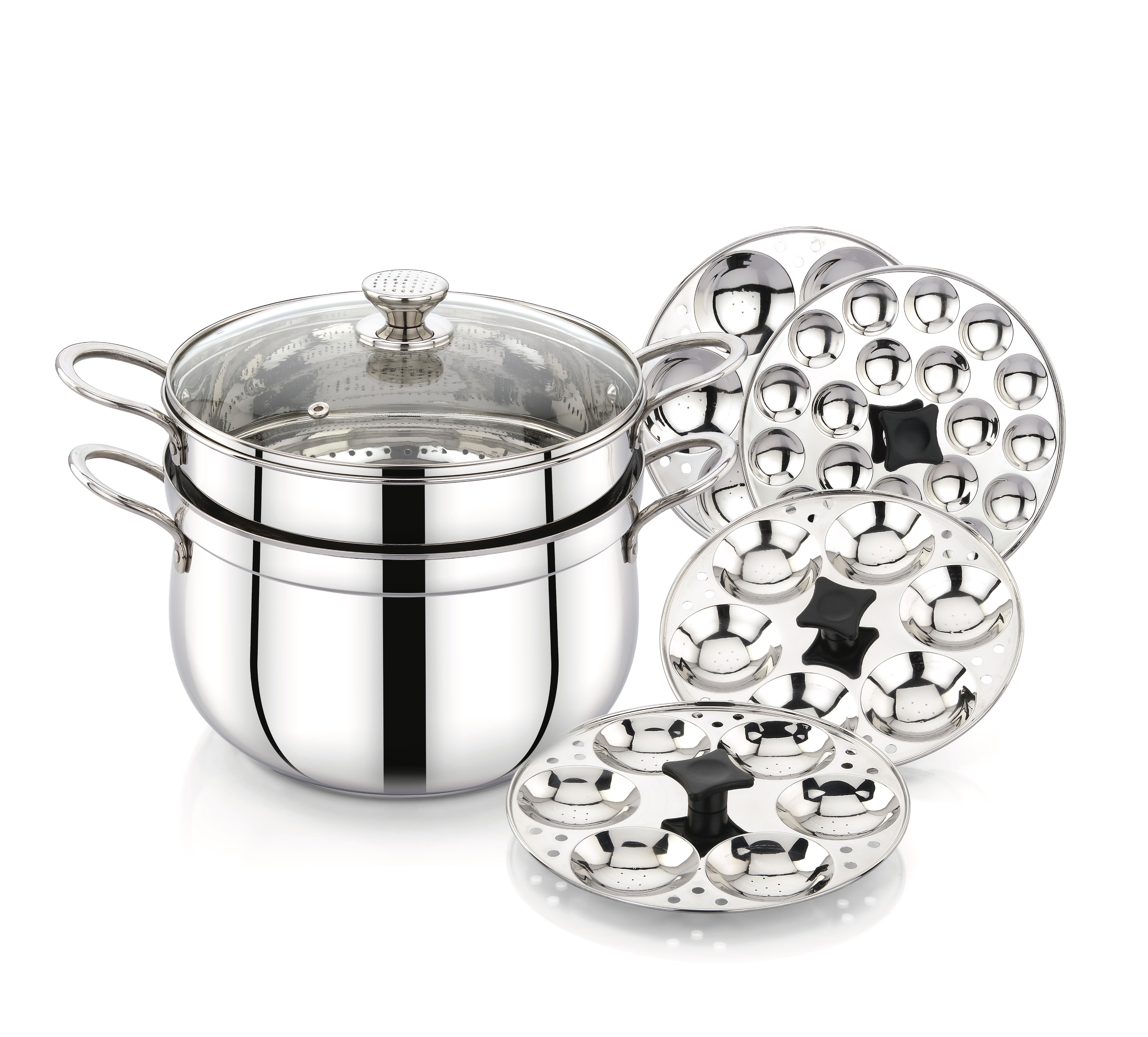 One Pot Wonder – 3-in-1 Belly Shape Biryani Pot, Steamer & Idli Pot (304 Grade Stainless Steel, 6 Litres, 38 Cavities – 3 Idly Plates with 6 Pits Each + 1 Mini Idly Plate with 20 Pits)