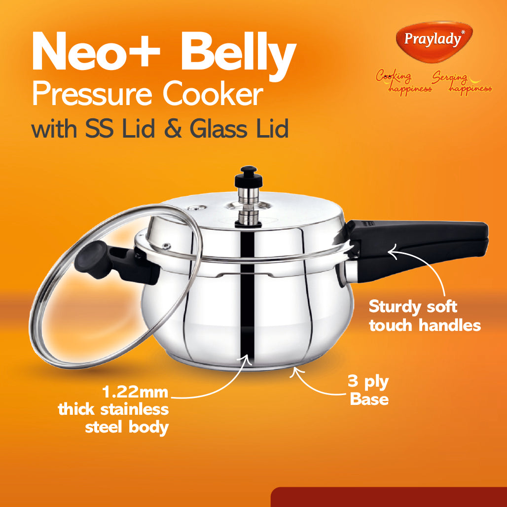 Neo Belly Pressure Cooker with SS Lid and Glass Lid