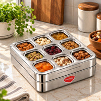 Praylady Food-Grade Stainless Steel Square Dry Fruit Box | 9 Compartments | See-Through Glass Lid