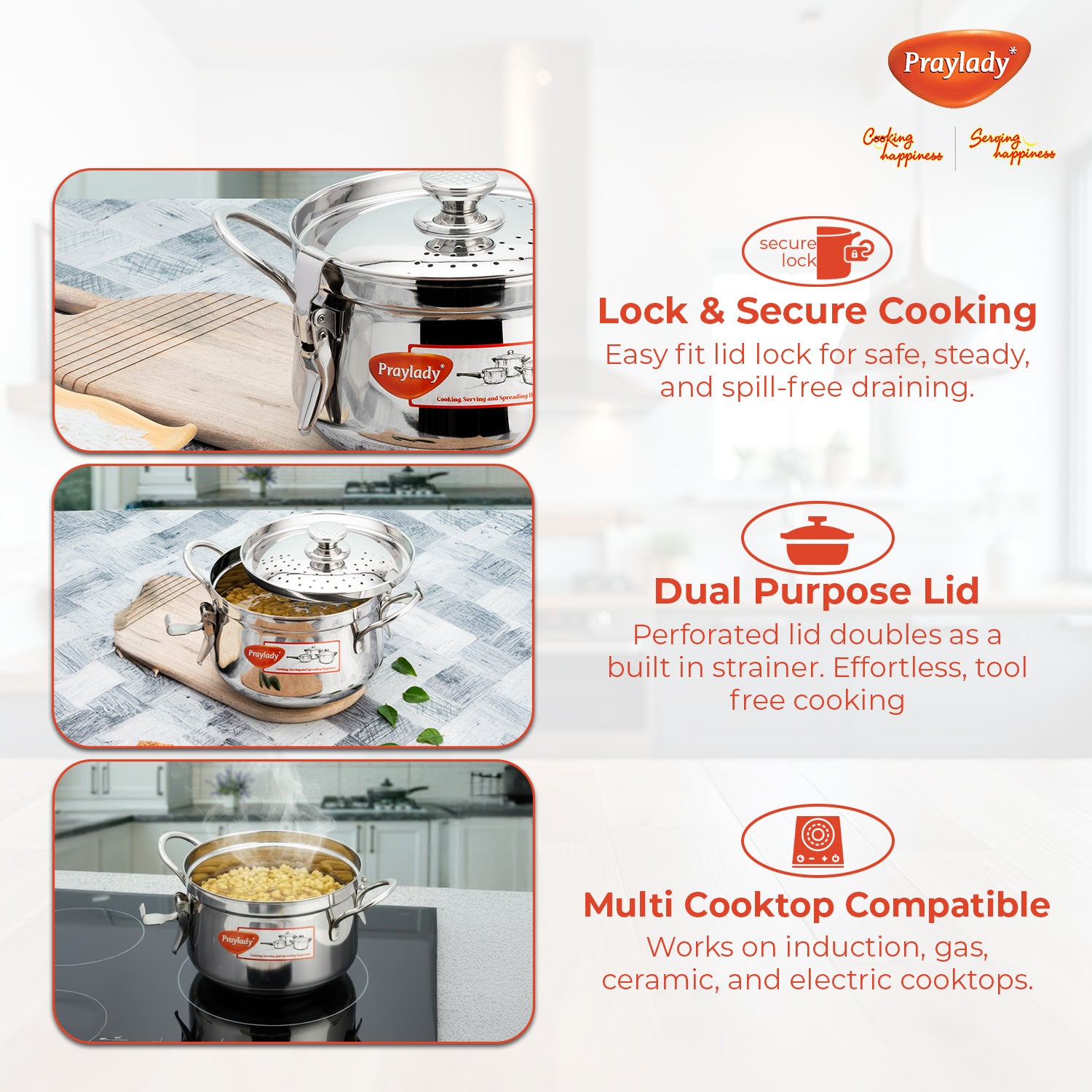 Baby Boss 3L Stainless Steel Strainer Pot with Lock – 18 cm Pasta, Rice & Vegetable Cooking Pot with Induction Base